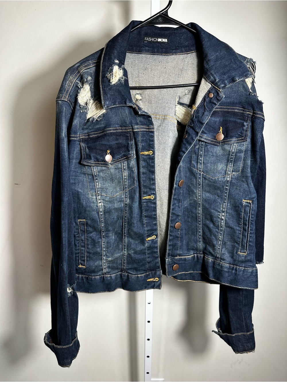 P218. Fashion Nova Dark Blue Distressed Denim Jacket - Women's 2xl